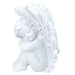 Polyresin angyal, jobb kezén fekvő, fehér, 4x5,5 cm