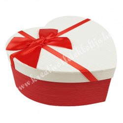   Szív alakú doboz, piros-törtfehér, masnival, 21,5x20x9 cm