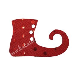 Flitteres dekorgumi manócipő, piros, jobbos, 6x4 cm