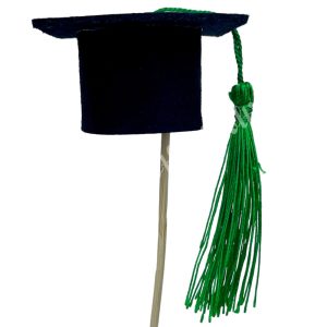 Betűzős filc diplomasapka, zöld bojttal, 5,5x10,5 cm