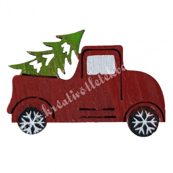 Ragasztható piros furgon, fenyőfával, 4,5x3 cm