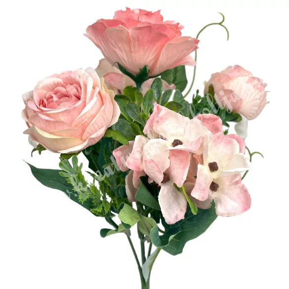 Peonia-rózsa-hortenzia csokor, rózsaszín, 29 cm