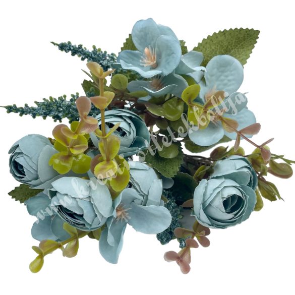 Boglárka-hortenzia csokor, antik kék, 32 cm
