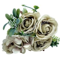 Rózsa-hortenzia csokor, világosbarna, 25 cm