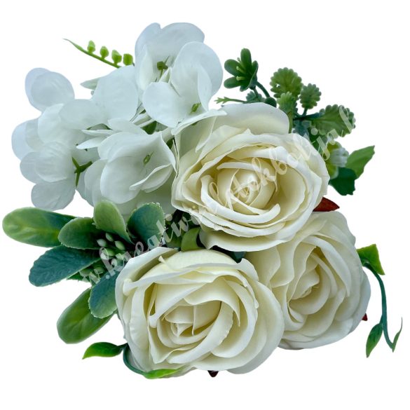 Rózsa-hortenzia csokor, fehér, 25 cm
