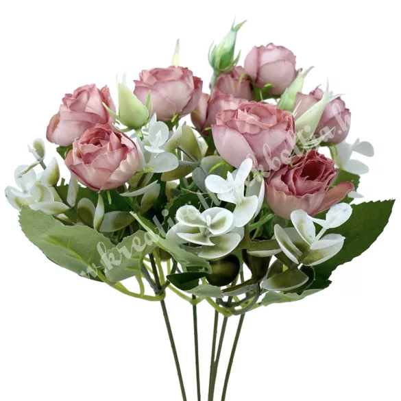 Rózsacsokor eukaliptusszal, antik rózsaszín, 31 cm