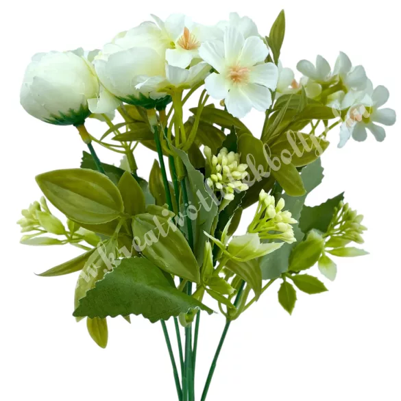 Vegyes csokor boglárkával, törtfehér, 29 cm