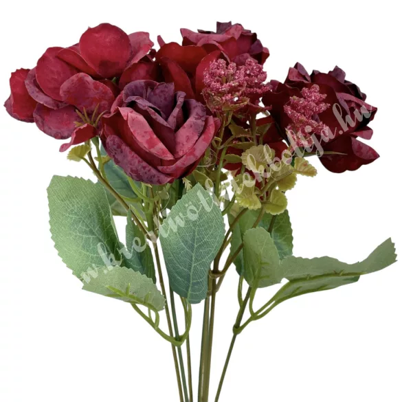Rózsa-hortenzia csokor, bordó, 31 cm