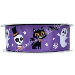   Halloween szalag, lila alapon szellem, macska, koponya, 2,5 cm