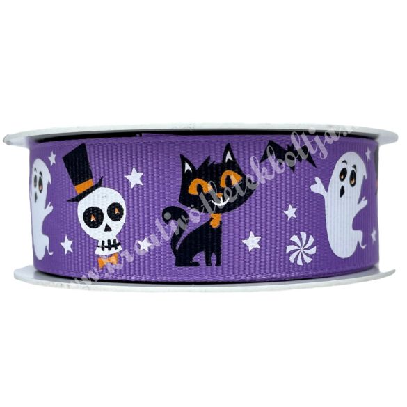 Halloween szalag, lila alapon szellem, macska, koponya, 2,5 cm