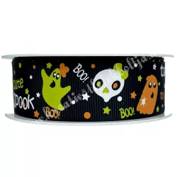   Halloween szalag, fekete alapon narancs és zöld szellemek, 2,5 cm