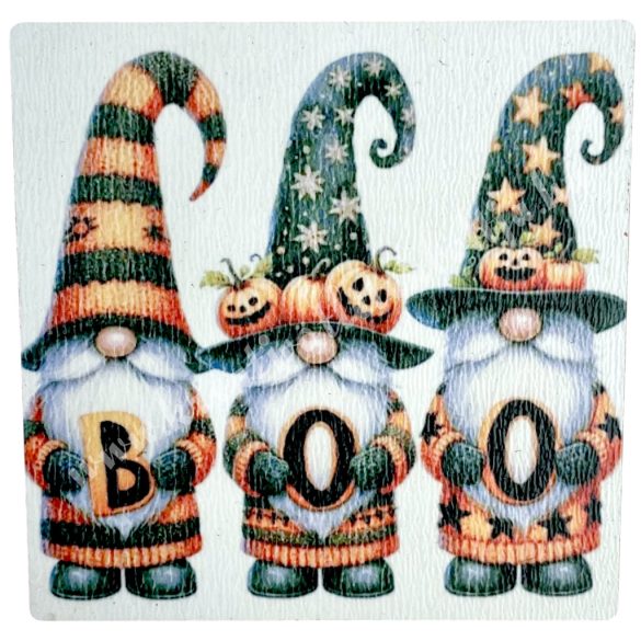 Mdf tábla, négyzet, manók boo felirattal, 6,3 cm