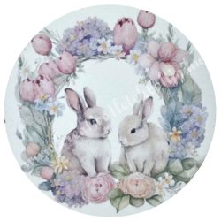 Fa tábla, kerek, nyuszi virágokkal, 13 cm