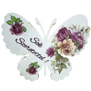 Mdf tábla, pillangó, Sok szeretettel felirattal, 7x5,5 cm