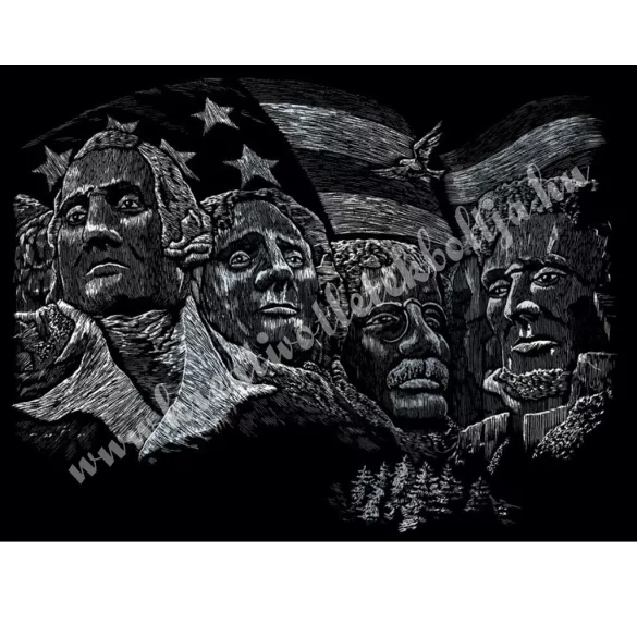 Karckép gravírozó készlet karctűvel, Rushmore-hegyi szoborcsoport, ezüst, 36x28 cm