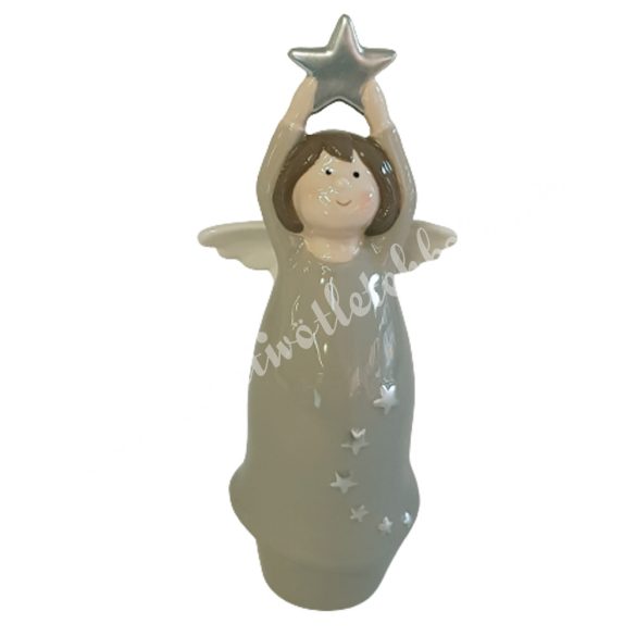 Kerámia csillagot tartó angyal, szürke ruhában, 7,8x17,5 cm