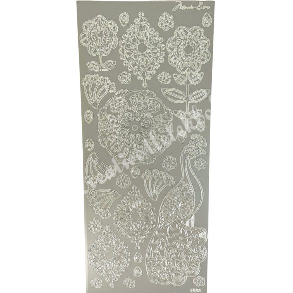 Kontúrmatrica, virágok és páva, ezüst, 10x23 cm
