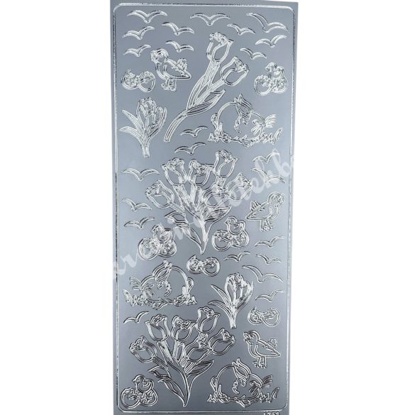 Kontúrmatrica, húsvét, tulipán, nyuszi és csibe, ezüst, 10x23 cm