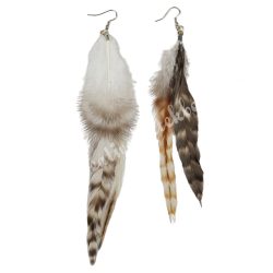 Madártoll fülbevaló, barna-fehér, mintás, 18-24 cm