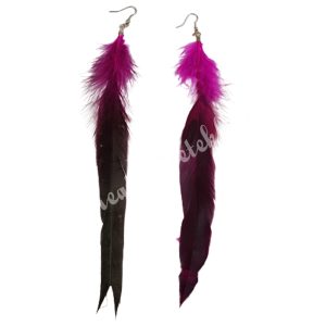 Madártoll fülbevaló, magenta-sötétlla, 13-16 cm