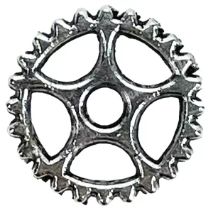 Fémmedál, fogaskerék, platina, 0,7x0,7 cm