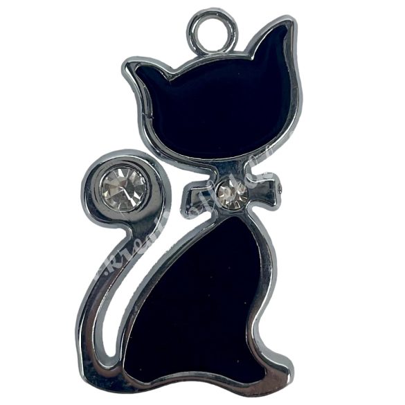 Fémmedál, strasszos cica, ezüst-fekete, 2x3,5 cm