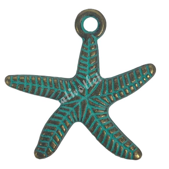 Fémmedál, tengeri csillag, türkiz-antikréz, 2,5x2,5 cm