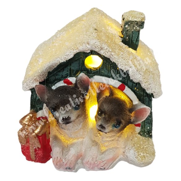 LED-es polyresin havas kutyaház, ajándékdobozzal, 8x8,5 cm