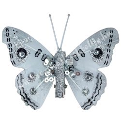 Csipeszes pillangó flitterrel, ezüst, 8x6,5 cm