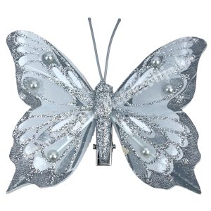 Csipeszes pillangó strasszal, ezüst, 7,5x7 cm