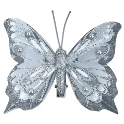 Csipeszes pillangó strasszal, ezüst, 7,5x7 cm