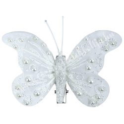 Csipeszes pillangó strasszal, fehér, 7,5x6 cm