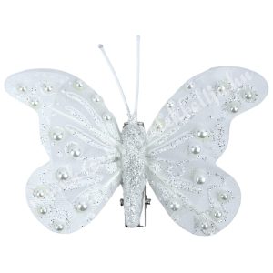 Csipeszes pillangó strasszal, fehér, 7,5x6 cm