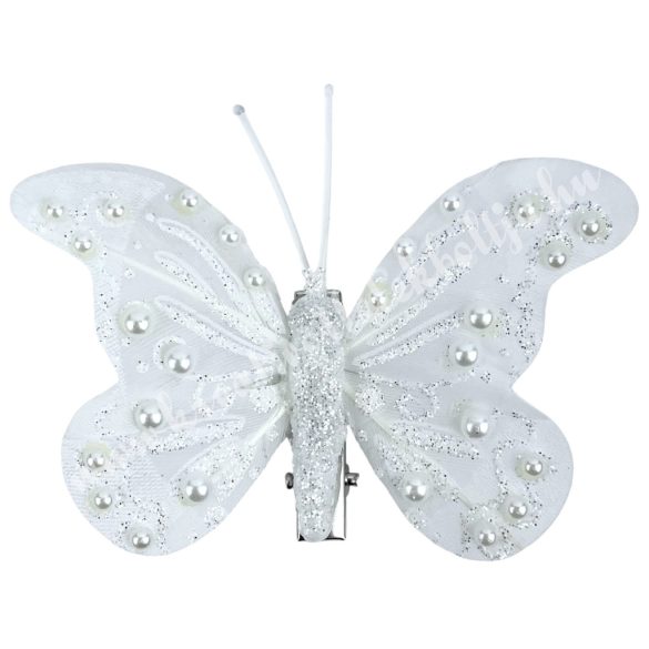 Csipeszes pillangó strasszal, fehér, 7,5x6 cm