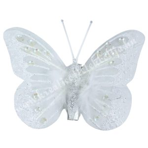 Csipeszes pillangó tollal, fehér, 8x6 cm