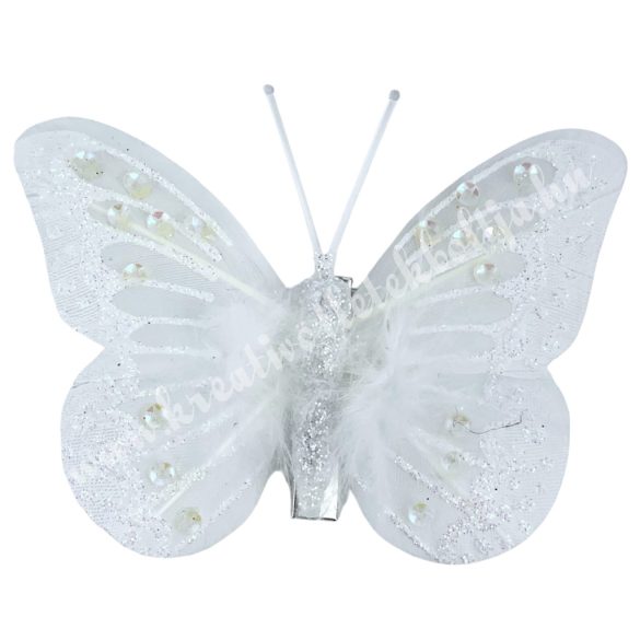 Csipeszes pillangó tollal, fehér, 8x6 cm