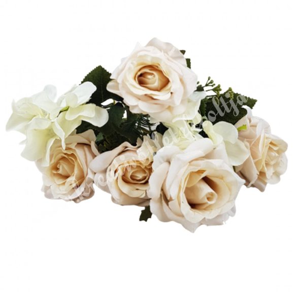 Rózsa, hortenzia csokor, púder rózsaszín-fehér, 36 cm