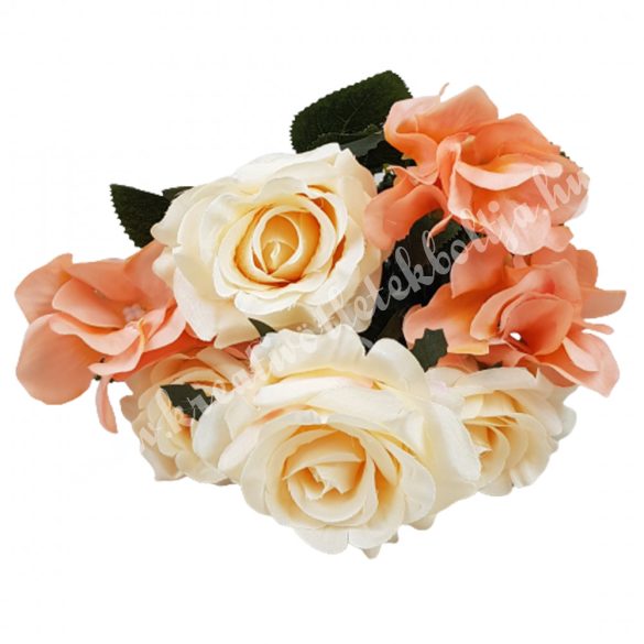 Rózsa, hortenzia csokor, púder rózsaszín-lazac, 36 cm