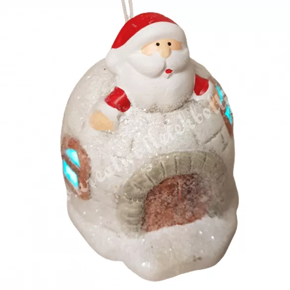 Akasztós iglu mikulással, LED-világítással, 6x8 cm