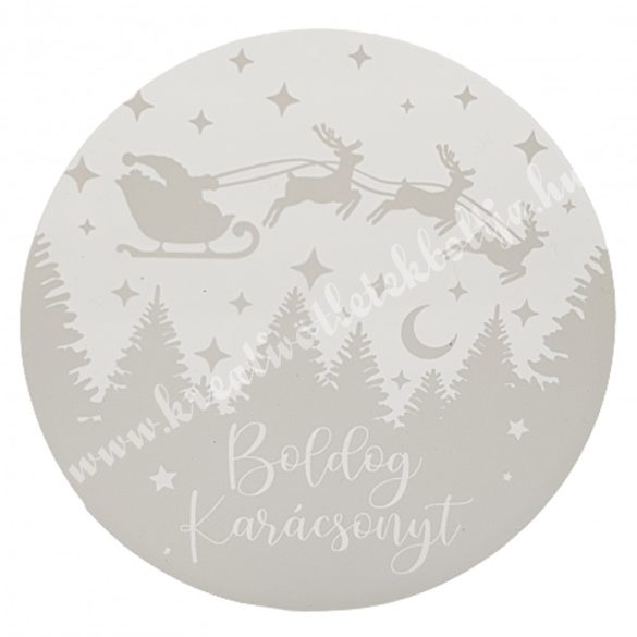 Akril tábla, kerek, átlátszó alapon, fehér, "Boldog Karácsonyt",  7 cm