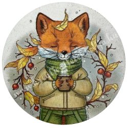 Fa tábla, kerek, róka, 7 cm