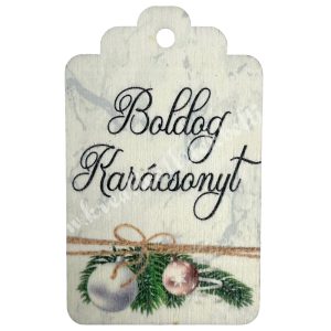 Fa biléta, gömbökkel, "Boldog Karácsonyt", 4x6,5 cm