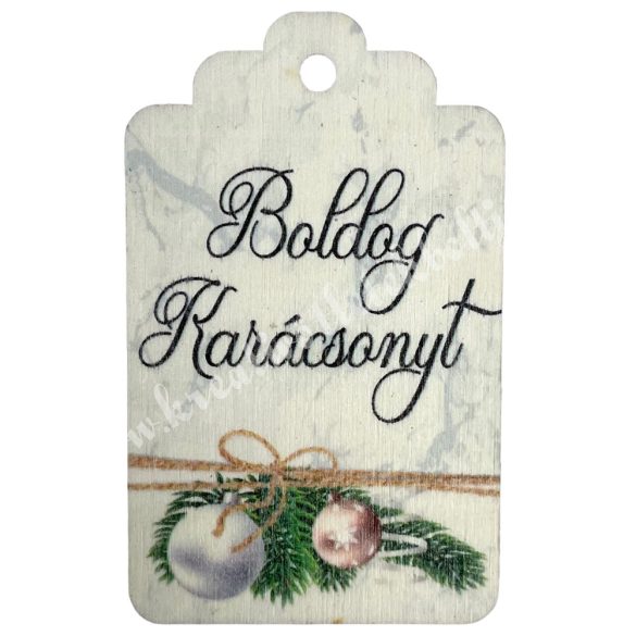 Fa biléta, gömbökkel, "Boldog Karácsonyt", 4x6,5 cm