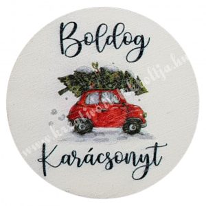 Mdf tábla, autó fenyőfával, "Boldog Karácsonyt", kerek, 5 cm