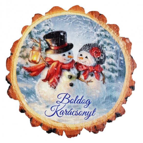 Fa tábla, hóember párral, "Boldog Karácsonyt", kerek, 7 cm