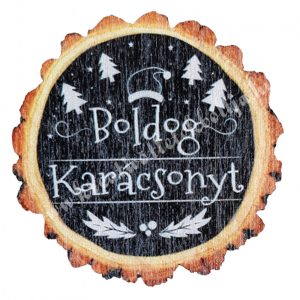 Fa tábla, "Boldog Karácsonyt", fenyőkkel, kerek, 5,5 cm