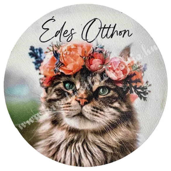 Fa tábla cicával, "Édes otthon", kerek, 7 cm