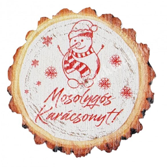 Fa tábla, "Mosolygós Karácsonyt", hóemberes, kerek, 4 cm