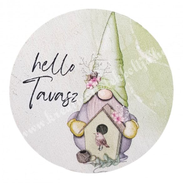 Fa tábla manóval, kerek, "Hello Tavasz", 5 cm