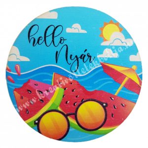 Fa tábla, kerek, kék, dinnyével, "Hello Nyár", 7 cm